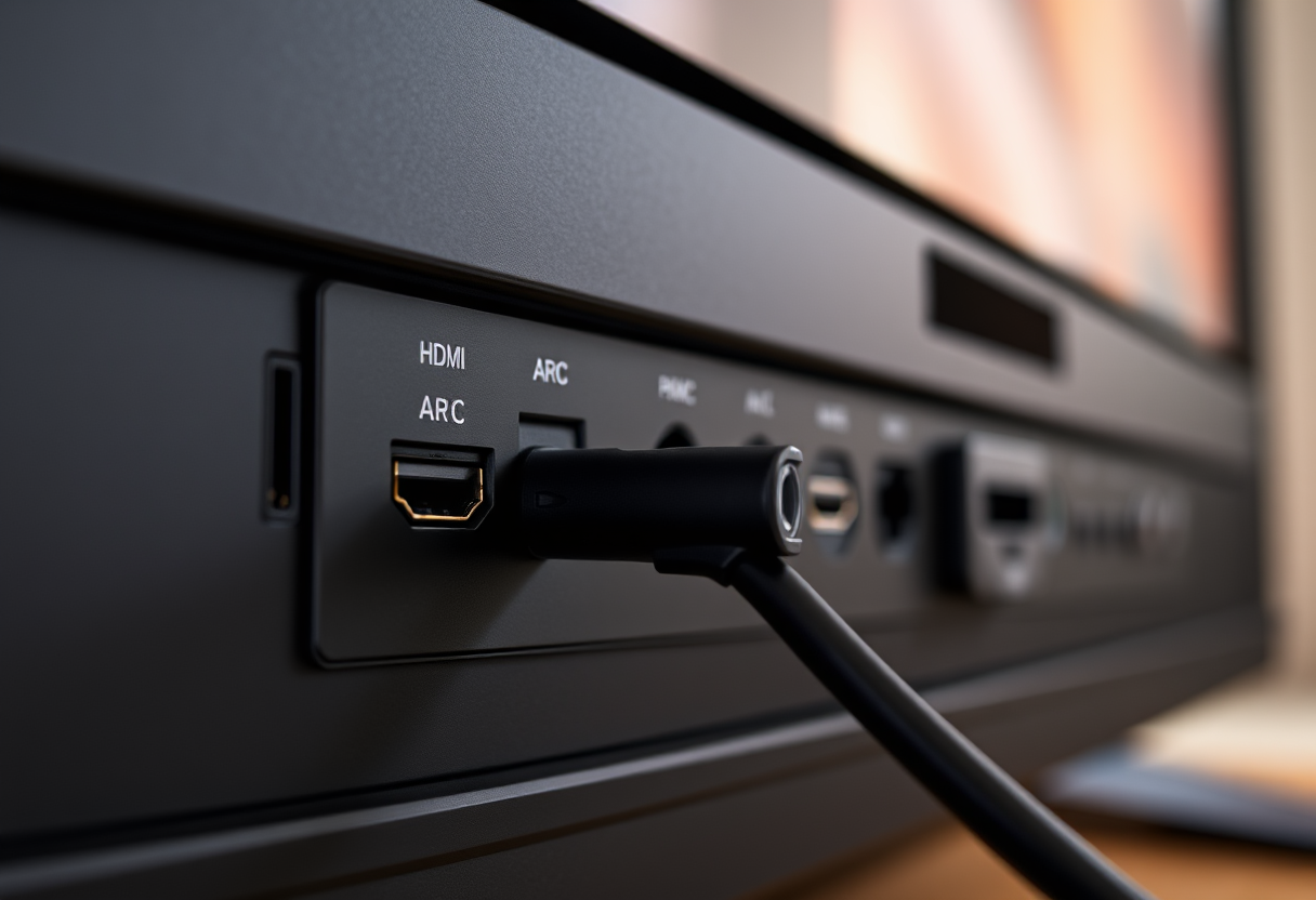 TV 뒷면의 HDMI ARC 단자와 사운드바 연결 모습