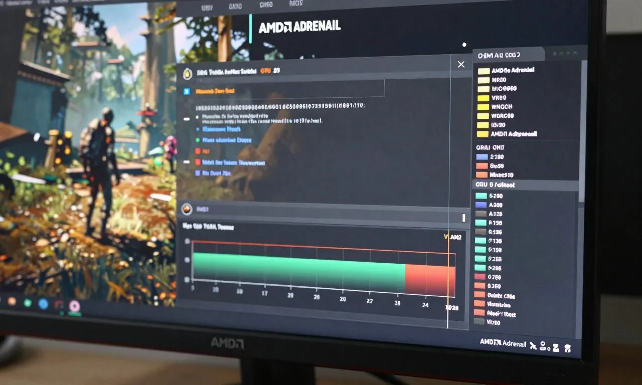 AMD 아드레날린 성능 모니터링 화면에서 GPU 사용률과 VRAM 사용량을 확인하는 모습