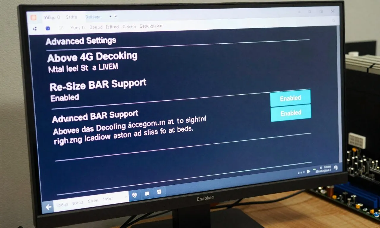 메인보드 BIOS 설정 화면에서 Above 4G Decoding과 Re-Size BAR Support가 활성화된 모습